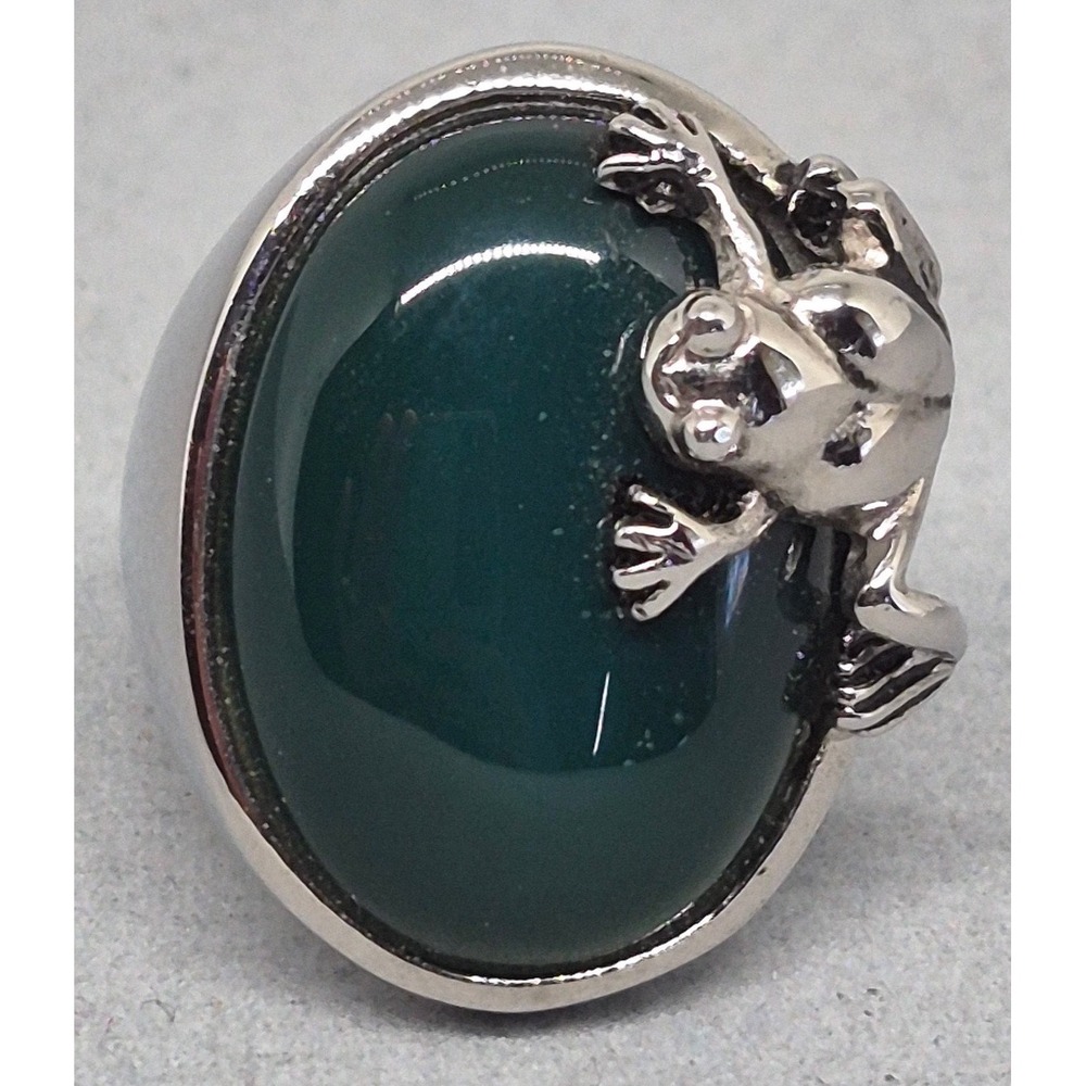 Frog Ring Green Cabochon Stainless Steel Silver Tone Nature Statement HSN